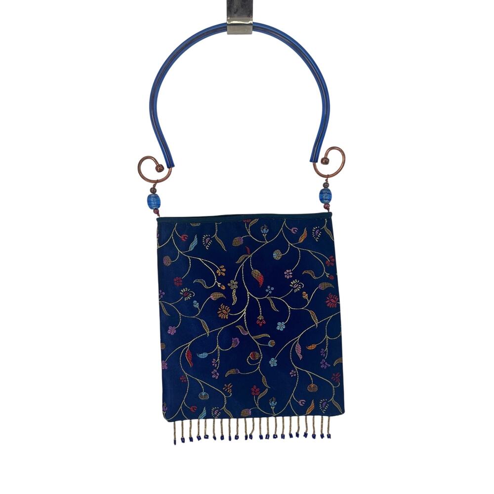Royal Blue Silk Brocade Bag with Beaded Fringe